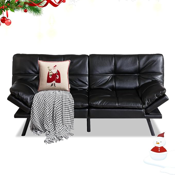 MUUEGM 71 Futon Sofa Bed Convertible Couch Filled with Memory Foam Modern Loveseat with Adjustable Backrest&ampArmrest Sofas for Living RoomGame RoomDormitoryOffice.Matte Black Leather