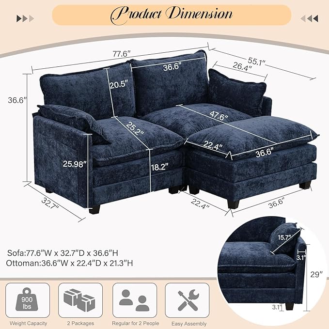 Modular Sectional Cloud Couch 2 Seat Convertible Sectional Couches Sofa with Ottoman Convertible L-Shape Cloud Sectionals Couches for Living Room Apartment Blue