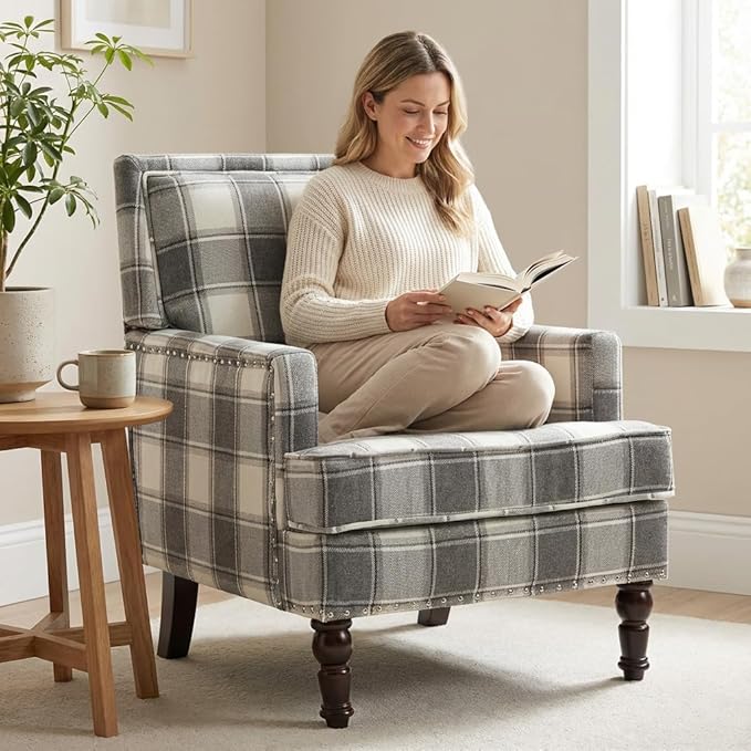 Plaid Accent Chair Mid-Century Modern Armchair Upholstered Decorative Reading Chair for Living Room Bedroom or Home Office Seating(Gery)