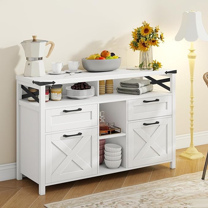 Farmhouse Filing Cabinet with Adjustable Shelf for Home Office Lateral File Cabinets 4 Drawers with Open Storage Shelf Filing Organization Storage Cabinets for Hanging Files Letter/A4.(White)