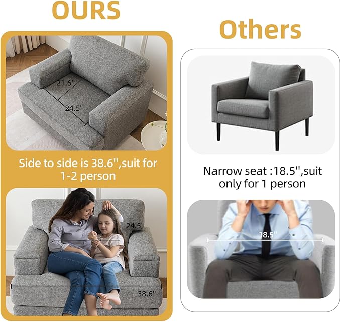 Oversized Living Room Chairs Set of 2Comfy Accent Chair with Armrest OrganizerUpholstered Linen Fabric Armchair Thick CushionBig Reading ChairSofa Chair for BedroomDark Gray