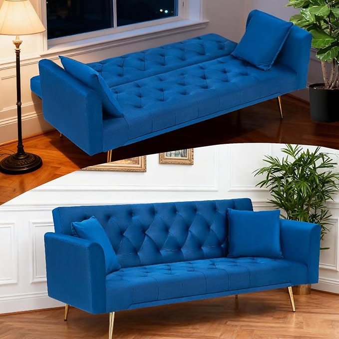 71 Velvet Futon Sofa Bed Convertible Sleeper Couch with 2 Pillows - Modern Loveseat Small Sofa 3-Angle Adjustable Backrest Golden Metal Legs for Living Room Bedroom Apartment Easy Assembly (Blue)