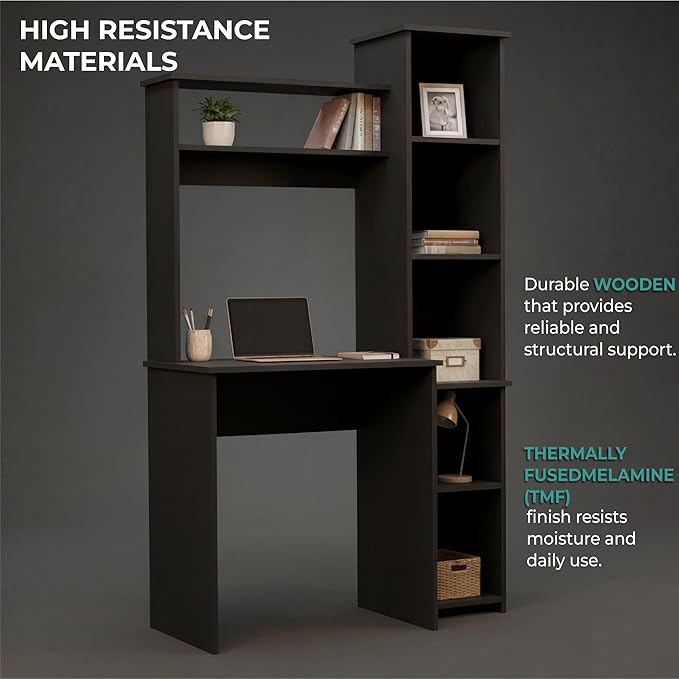 Tuhome Versalles Writing Desk with Two Superior Shelves Five Side Open Storage Compartments Space-Saving Modern Workstation Design for Studios and Offices Ideal for Organization Books