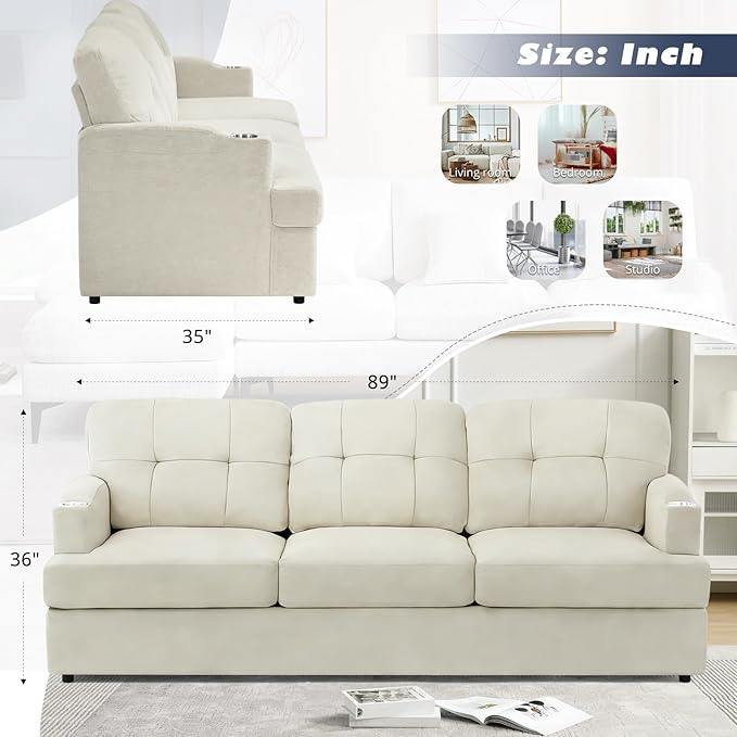 89 Chenille 3 Seats Sofa with Built-in Cup Holder Tufted Modern Couch with Thickened Seat Cushions Soft Upholstered Sofa with Deep Seating Space for Living Room Apartment Beige