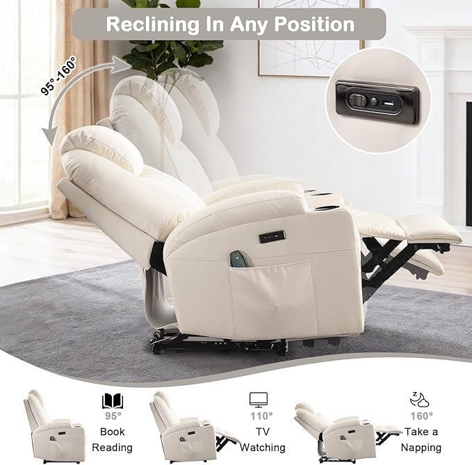 Power Recliner Chair with Heat and Massage for Adults - Home Theater Seating with LED LightsCup HoldersSide PocketUSB Port - Recliner Sofa for Living Room (Beige Set of 2)