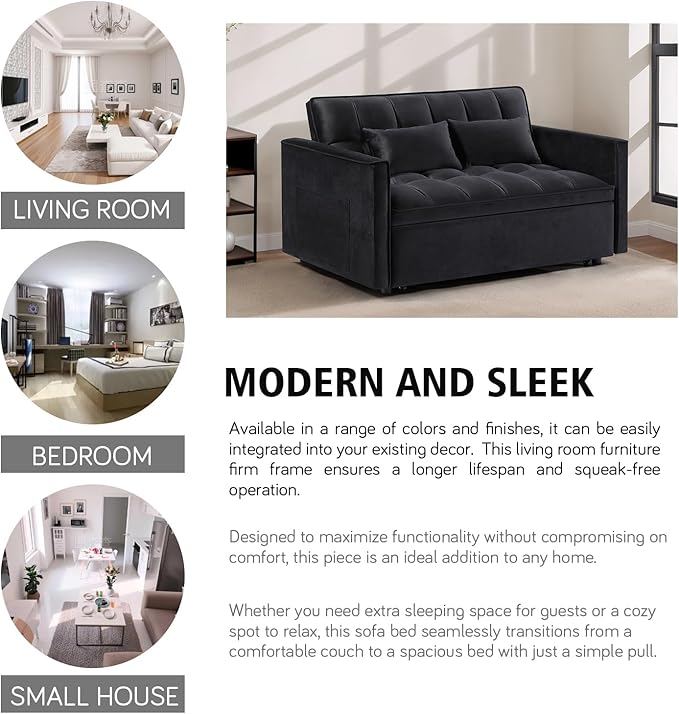 3 in 1 Convertible Sleeper Sofa Bed 54'' Full Size Velvet Pull Out Futon Couch Recliner with Reclining Backrest &amp 2 Pillows Small Loveseat Lounge Couches for Small Spaces (Black)