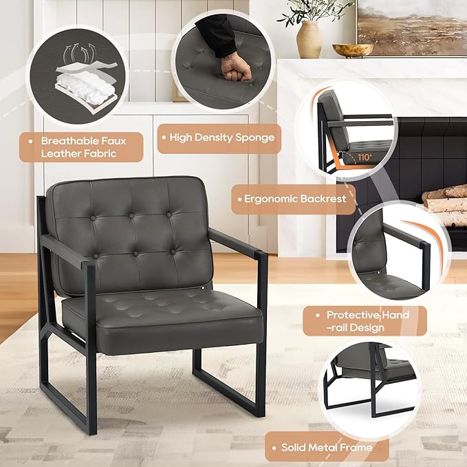 COLAMY Accent Chairs Set of 2 Modern Accent Arm Chairs for Living Room Comfy Leather Armchairs with Metal Legs for Bedroom Reception Room Grey