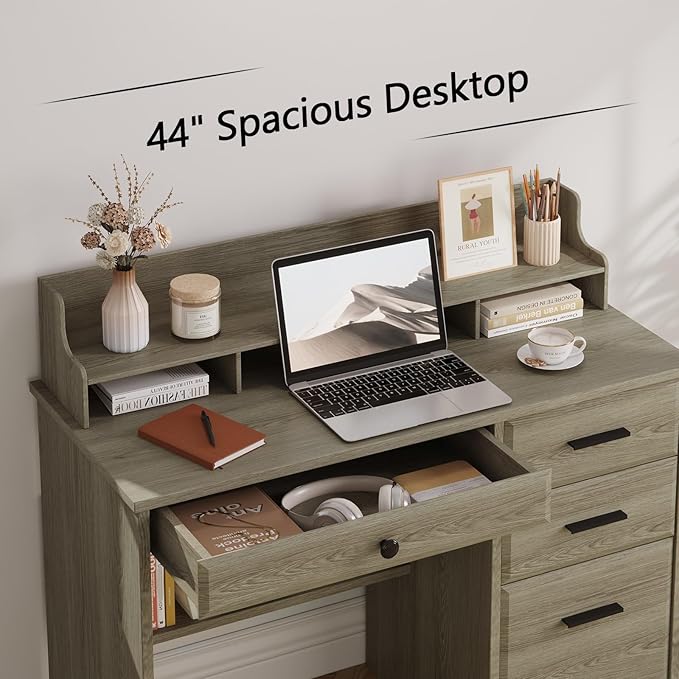 4 EVER WINNER Computer Desk with Drawers Small Desk with Monitor Stand and File Drawer Wood Desk with Storage Writing Desk for Bedroom Home Offic Grey