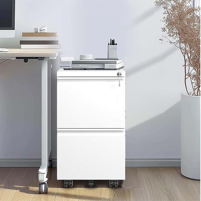 Rolling File Cabinet with Lock 2-Drawer Metal Mobile Filing Cabinet with Wheels for Store Documents Information Personal Belongings Fully Assembled Except Wheels White