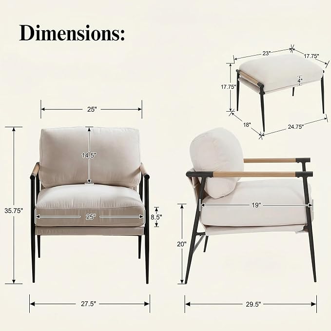 LukeAlon Mid-Century Chenille Accent Chairs with Ottoman Set of 2 Soft Living Room Chairs with Metal Legs Modern Upholstered Armchairs Lounge Chair with Footstool for Bedroom Reading Room Beige