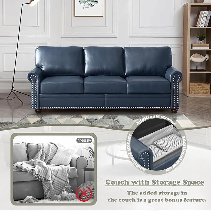 Antetek 2-Piece Comfy Upholstered Faux Leather Sofa Couch Set Mid-Century Modern Single Sofa Chair(1 Unit) + 3 Seater Couch(1 Unit) with Storage Space for Living Room Furniture Set Navy Blue