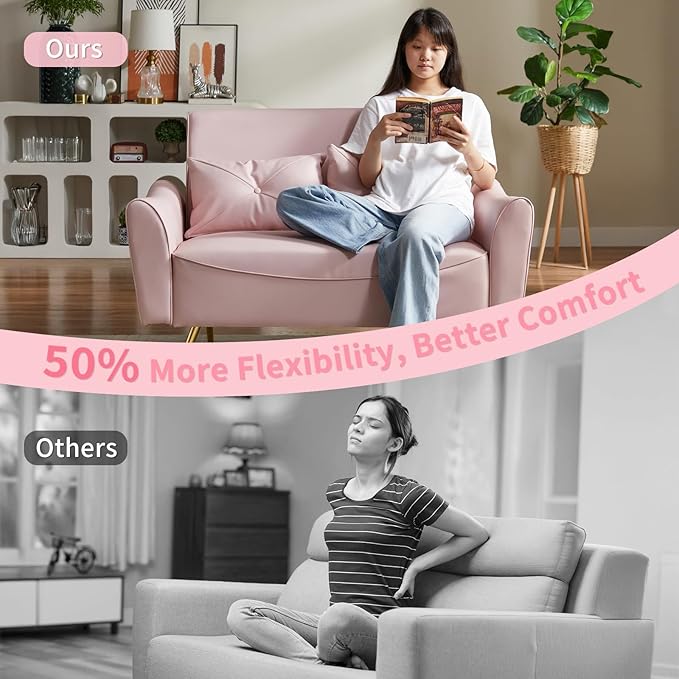 Brelice 48 Faux Leather Loveseat Sofa Modern Small Couch for Small Space with 2 Pillows 2 Seater Couch for Living Room Bedroom Office Apartment (Pink)