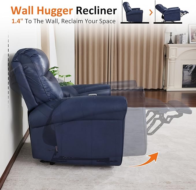 MCombo Power Wall Hugger Recliner Chair for Small Space RV Living Room USB &amp USB-C Charging Ports Modern Rolled Arm Recliner Faux Leather PR630 (Navy Blue Medium)