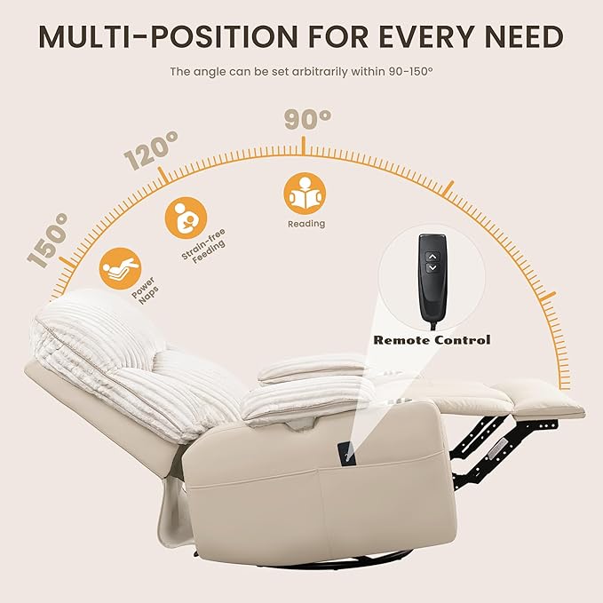 SUNWAVE Power Nursery Rocking Chair with Adjustable Armrests Nursing Chair with USB Cup Holders &amp Blanket Swivel Rocker Recliner with Corduroy and PU Leather Mixed Fabric (Beige)