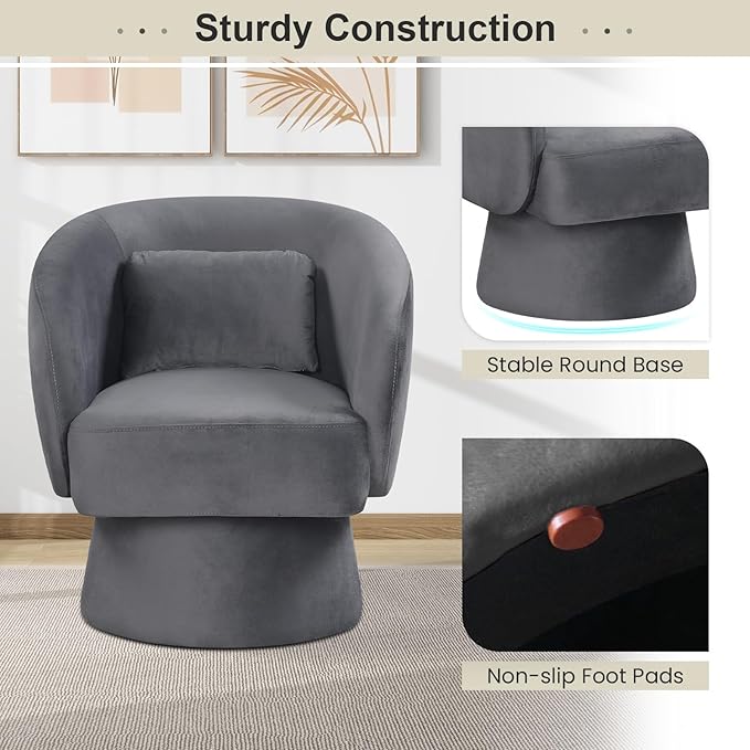 Giantex Swivel Accent Chair Upholstered Barrel Chair with Curved Back &amp Removable Lumbar Pillow Comfy Round Armchair with 360° Rotating Function Single Sofa Chair for Living Room