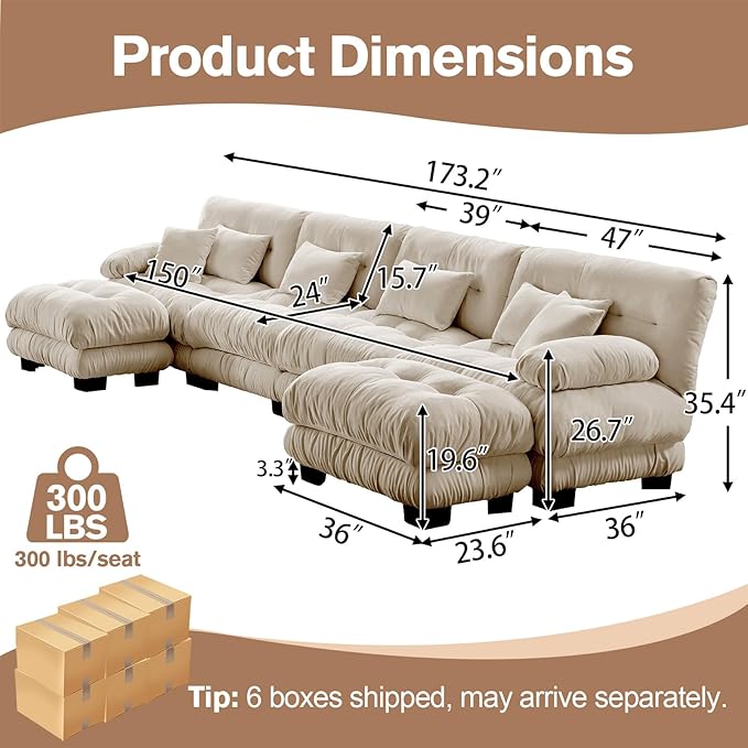 173.2 Oversized U Shaped Couch Chenille Modular Sectional Sofa 4 Seater Deep Seat Sofa with 2 Movable Ottoman Cloud Couch with Thick Seat Cushion Sectional Couches for Living Room Light Coffee