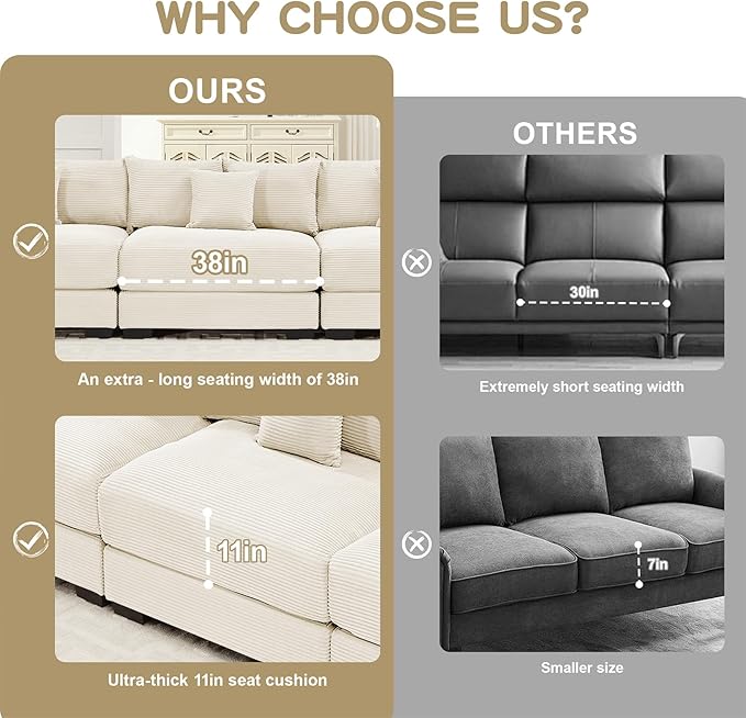 168 Corduroy Sectional Couches for Living Room Beige Comfortable Oversized Sectional Sofa Set with Deep Seat Large 4 Seater with 2 Ottoman Sofas para Sala U Shaped Couch with Chaise Lounge