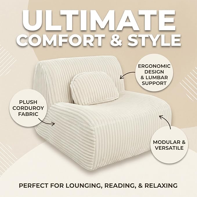Lounge Chair with Pillow Single Sofa Indoor Couch for Bedroom Game Living Room Lazy Floor Sofa Reading Chair Armless Chair No Assembly Required High Resilience Foam Beige