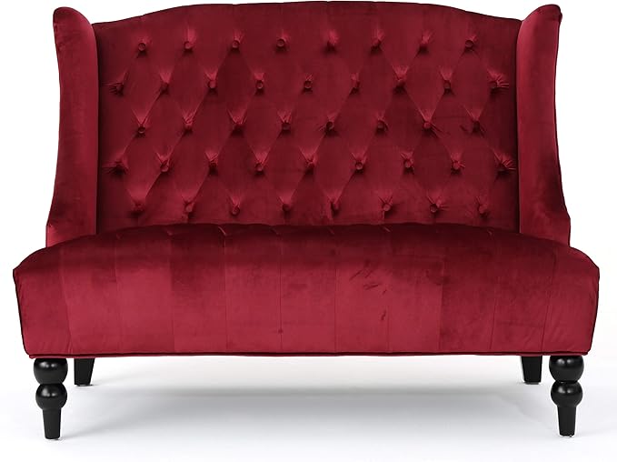 Christopher Knight Home GDFStudio Leona Modern Glam Tufted Velvet Wingback Loveseat Wine and Dark Brown 34.00 ''D x 50.25‘’W x 38.50'' H