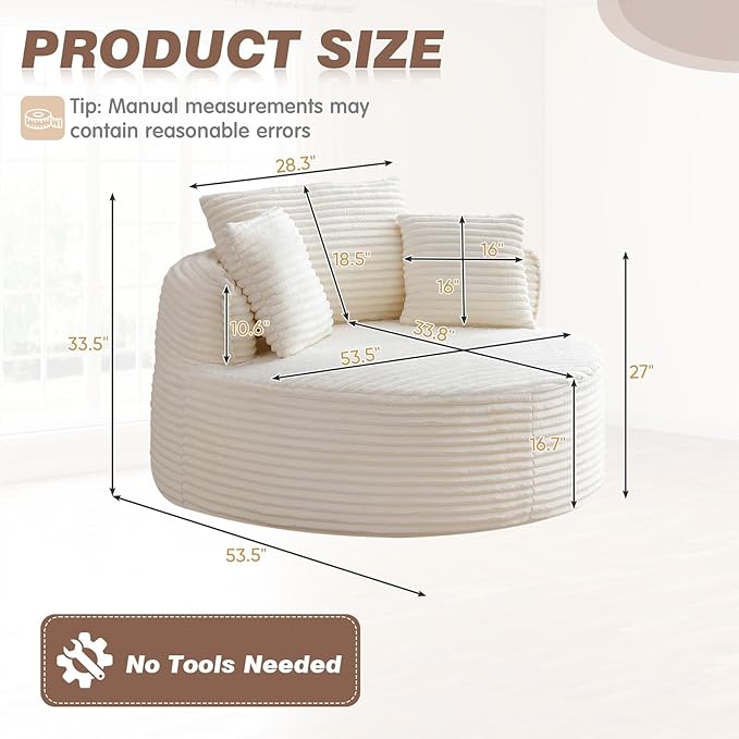 53-inch Boneless Round Chair Circle Corduroy Memory Foam Upholstered Chaise Lounge Indoor Comfy Reading Accent Deep Seat Sofa Chair for Living Room Bedroom Office No Assembly Required Beige
