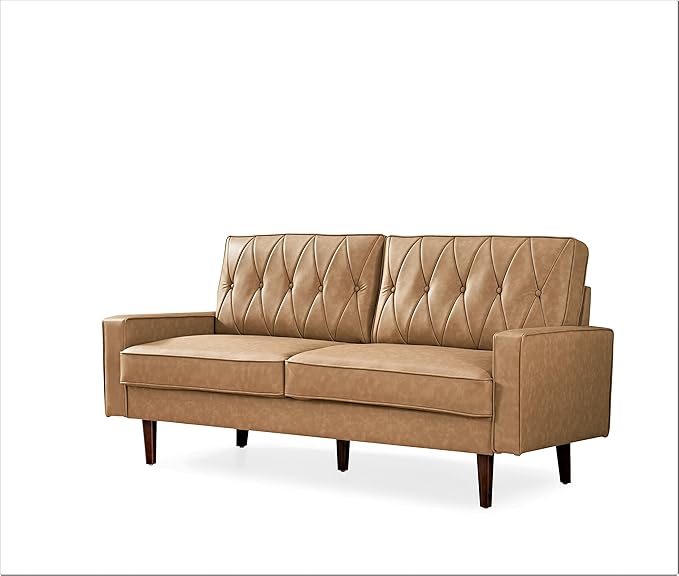 Container Furniture Modern Style Faux Leather Sofa with Elegant Round Tapered Legs and Button Tufted Backrest Perfect for Living Room Bedroom or Home Office 69.3’’ Wide Camel
