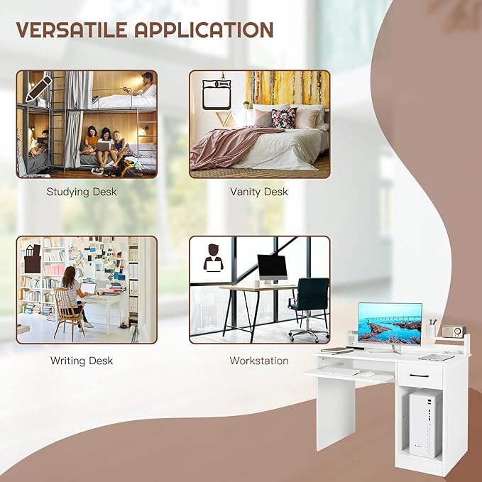 COSTWAY Computer Desk with Hutch Home Office Desk with Drawer Adjustable Shelf &amp Keyboard Tray Study Writing Desk Executive Workstation for Living Room Bedroom &amp Study (White)