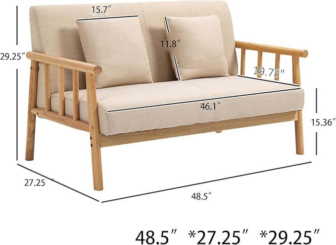 Modern Compact 48'' Loveseat with Linen Upholstery and Wood Legs Perfect for Bedroom Living Room Furniture (Beige)