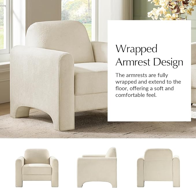 HULALA HOME Modern Curved Accent Club Chair Chenille Armchair Upholstered Sofa Chair with Wrapped Armrests Comfy Reading Armchair for Living Room Easy Assembly Ivory