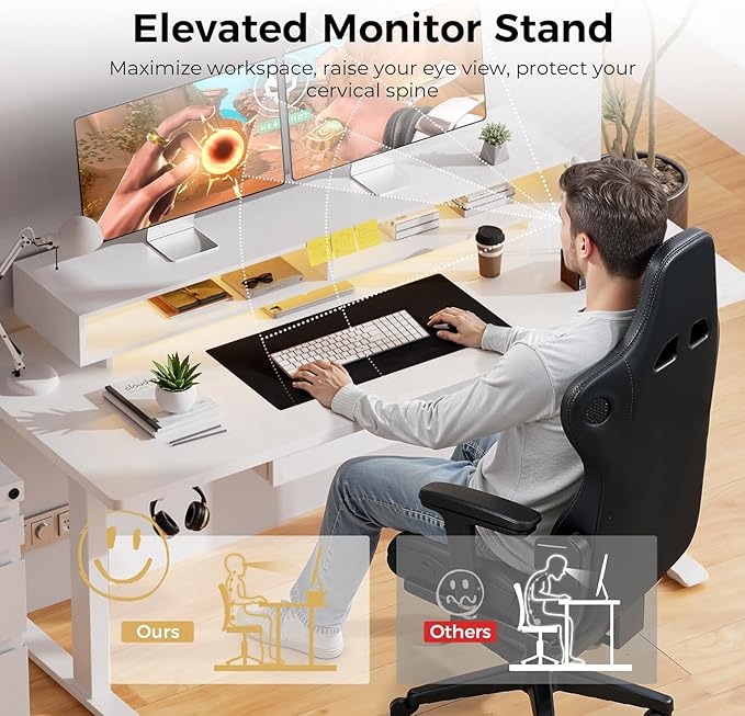 GTPLAYER Electric Standing Desk with Drawers 55 x 24 Inch Height Adjustable Gaming Desk with Monitor Stand Power Outlets &amp LED Lights Home Office Sit Stand Up Desk with Memory Preset (White)