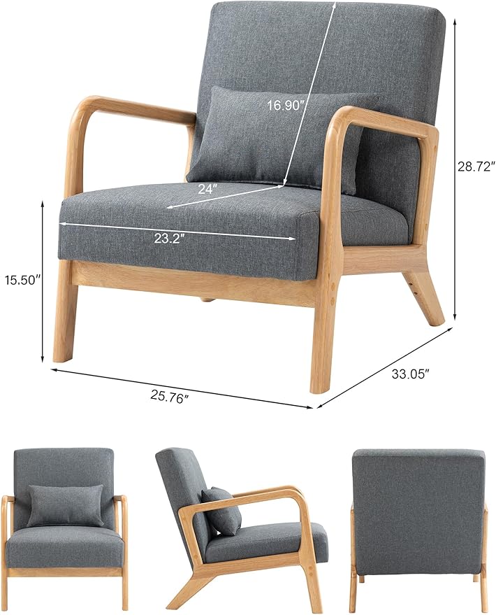 Accent Chair Mid Century Modern Armchair with Pillow Upholstered Lounge Sofa Reading Side Chair for Living Room Bedroom（Grey Set of 1
