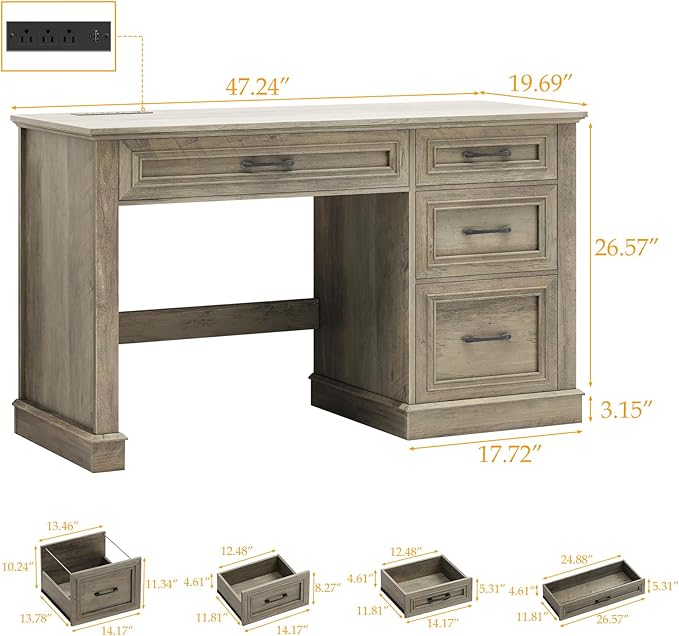 Vabches Farmhouse 47 Executive Desk Computer Desk with Drawers and File Drawer Workstation Computer Desk with Charging Station for Home OfficeStudy（Dark Grey