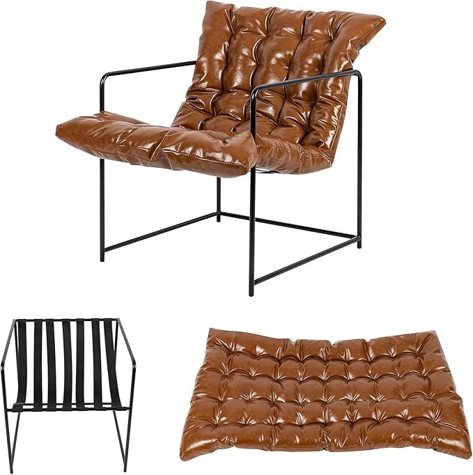 GIA Mid Century Modern Sling Accent Chair for Living Room Bedroom and Office Set of 2 Upholstered in Brown PU Leather with Black Metal Base