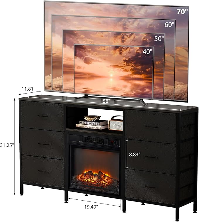 VINGLI Fireplace TV Stand Dresser with Fabric Drawer Entertainment Center with LED Lights and Industrial TV Console Table with Open Storage Shelves for Living Room Bedroom Black