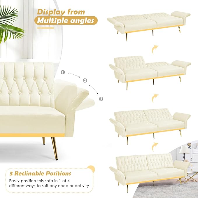 70 Velvet Futon with Adjustable Backrest and Armrests Sofa Bed with Extra Pillows for Waiting Room Living Room and Office Beige