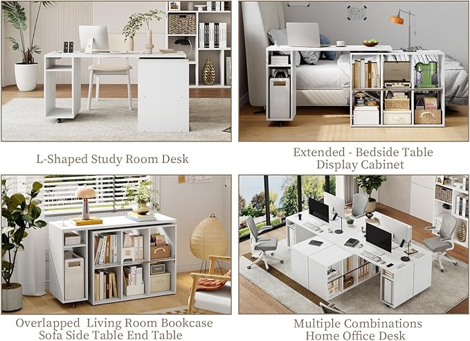 White L-Shaped Computer Desk Table with Charging Station–Small Study Writing Desk with Backless Storage Shelves 67” Bedroom Side Table &amp 360°Rotating Desk