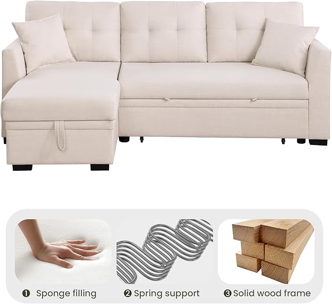 Convertible L-Shape Sofa Bed with Storage Space-Saving Features Pull-Out Sleeper and Charging Ports for Apartment Living Room and Office White