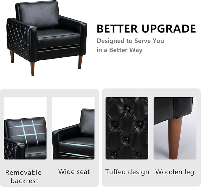 BFZ Modern Button Tufted Armchair with Wood Legs PU Faux Leather Accent Chair Comfy Upholstered Single Sofa Lounge Chair Club Chair for Reading Living Room Bedroom