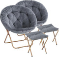 Magshion Folding Saucer Chair for Adults with Ottoman Circle Reading Chair for Bedroom Living Room &amp Dorm Furry Comfy Accent Seat with Metal Leg &amp Thick Padded for Small Spaces (Grey 2 Pac