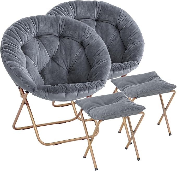 Magshion Folding Saucer Chair for Adults with Ottoman Circle Reading Chair for Bedroom Living Room &amp Dorm Furry Comfy Accent Seat with Metal Leg &amp Thick Padded for Small Spaces (Grey 2 Pac