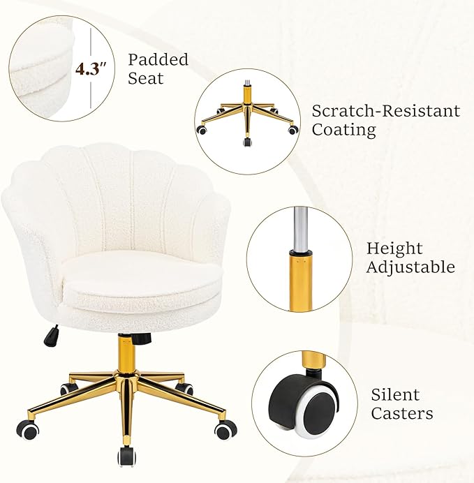 Vanity Chair with Back and Wheels Faux Fur Cute Home Office Desk Chair Upholstered with Gold Base and Petal Arm Comfy Makeup Chair Swivel Adjustable for Task Living Room Bedroom White
