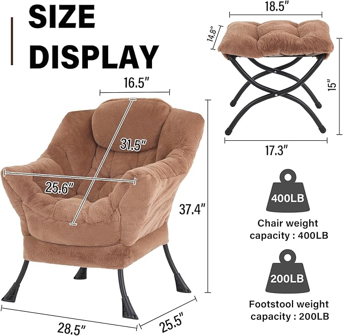 Lazy Chair with Ottoman Modern Accent Chair Lounge Leisure Sofa Chair with Armrests Reading Chair and Folding Footstool for Living Room Bedroom Office Plush Brown