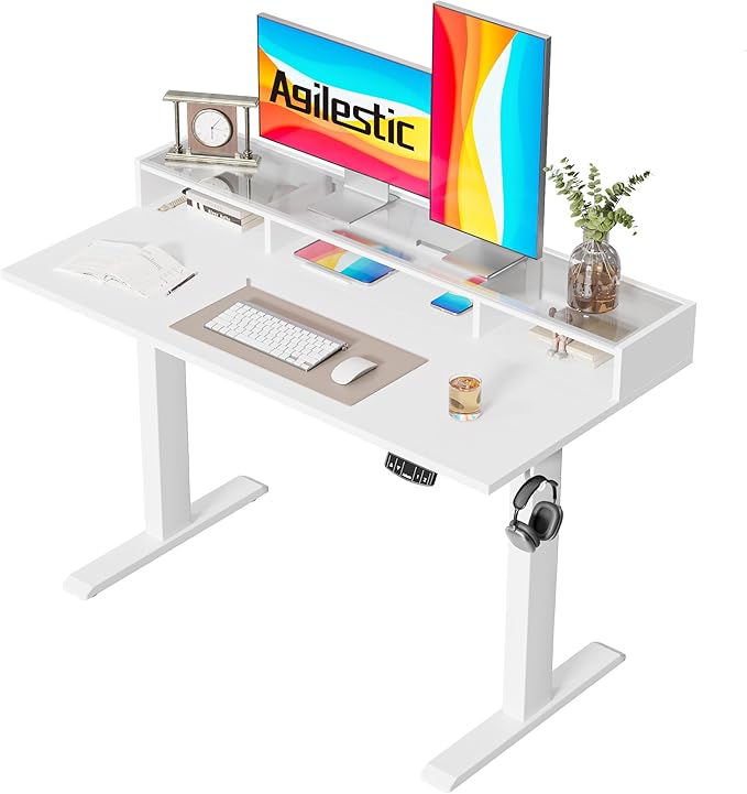 Agilestic Glass Standing Desk with Storage 48 Inch Electric Adjustable Desk with Glass Shelf Sit Stand Up Home Office Computer Table Splice Board White