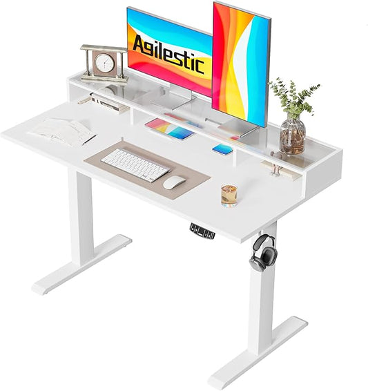 Agilestic Glass Standing Desk with Storage 48 Inch Electric Adjustable Desk with Glass Shelf Sit Stand Up Home Office Computer Table Splice Board White