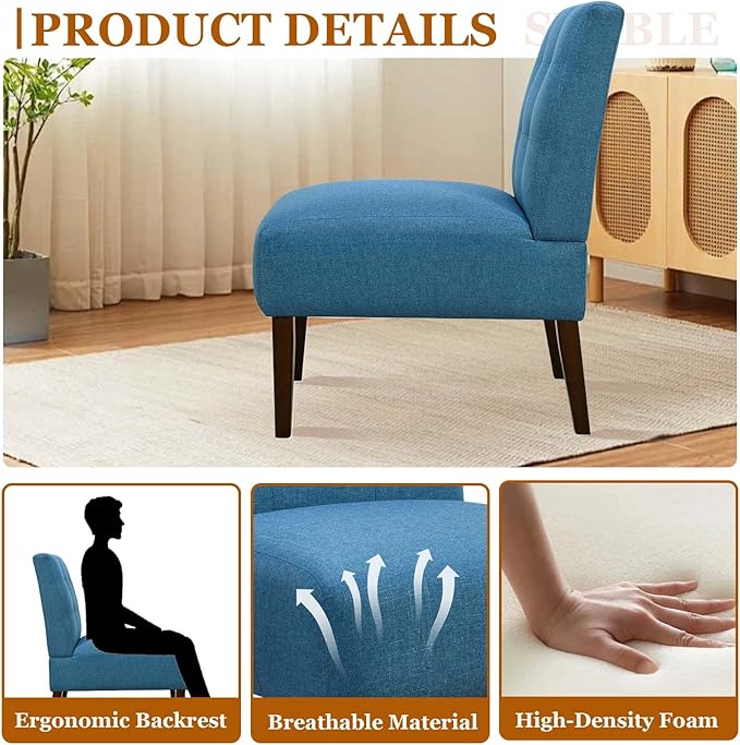 Modern Accent Chair for Living Room Upholstered Armless Slipper Chair with Back &amp Wood Legs Comfy Small Chair for Bedroom Living Room Reading Spaces Office (Blue2)