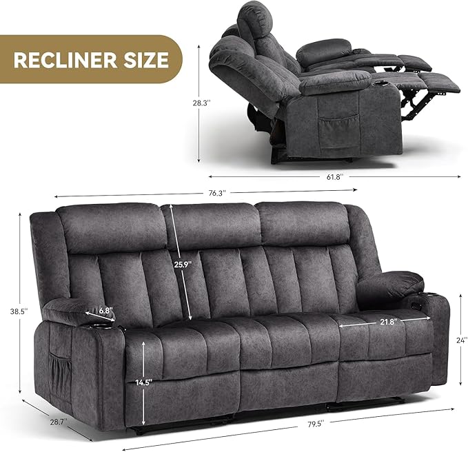 COMHOMA Manual Recliner Chair SetFabric Reclining Sofa Chair with Cup Holders Upholstered Recliner with Side Pockets Suitable for Living Room Furniture (3+1)