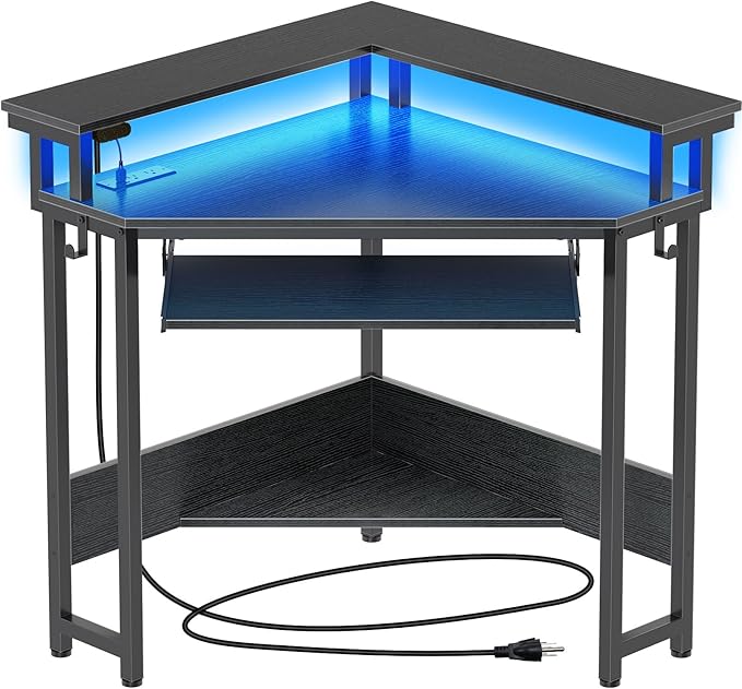 Rolanstar Corner Desk44.5 W x 34.5 H Small Computer Desk with Power Outlets Gaming Desk with LED Lights Triangle Corner Table with Keyboard Tray &amp Monitor Stand for Small Space Black