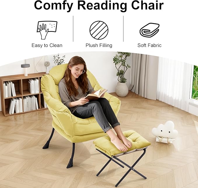 Lazy Chair with OttomanOversized Accent Chair with Thick Cushion Side PocketModern Lounge Arm Reading Chair and Folding Footrest for Living RoomBedroomOfficeDormApartment Yellow