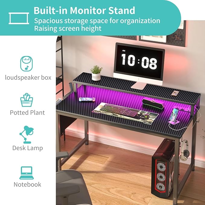 Lufeiya Gaming Desk with Power Outlets and LED Lights 40 Inch Gamer Desk Table with Charging Station Home Office Computer Desks with Monitor Black