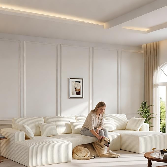 129 U Shape Sectional Sofa 6 Seat Memory Foam Cloud Couch No Assembly Required Oversized Chaise Modular Couches for Living Room Office Apartment - Left/Right Facing Chaise White