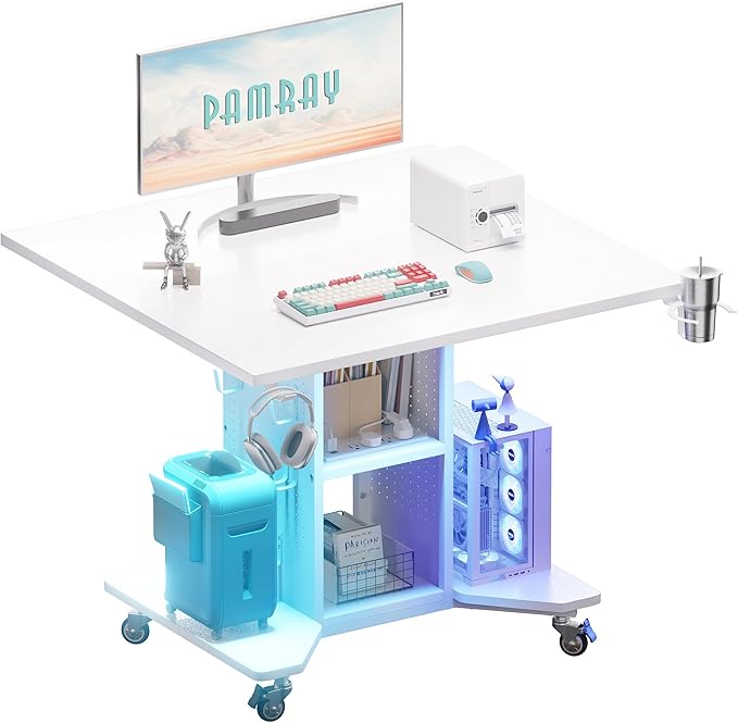 Pamray Small Rolling Gaming Desk with Led Lights Power Outlets and Storage Pegboard Small Spaces Compact PC Computer Table White